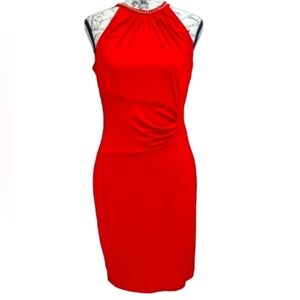 Calvin Klein red gold chain neck sheath dress size 4